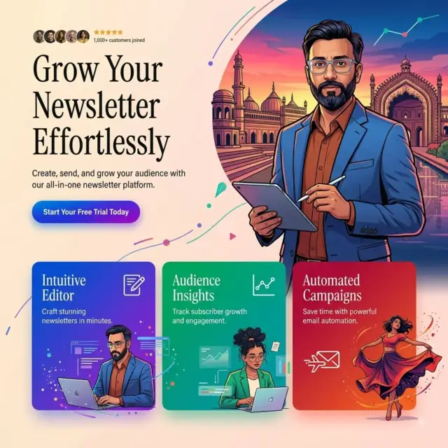 Illustrated portrait of Sheevum Goel holding a tablet with Lucknow architecture in the background
