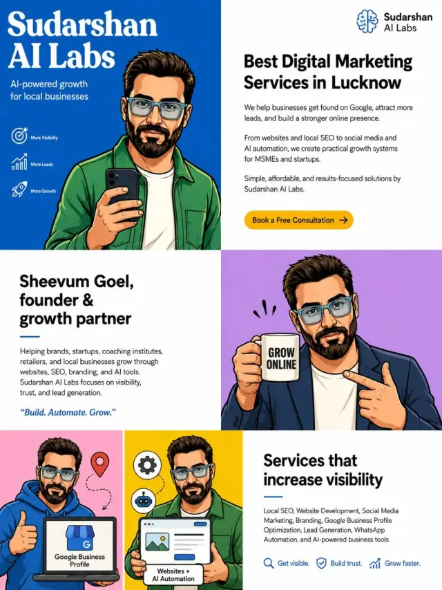Sudarshan AI Labs illustrated founder poster featuring Sheevum Goel, digital marketing, Local SEO, websites and AI automation